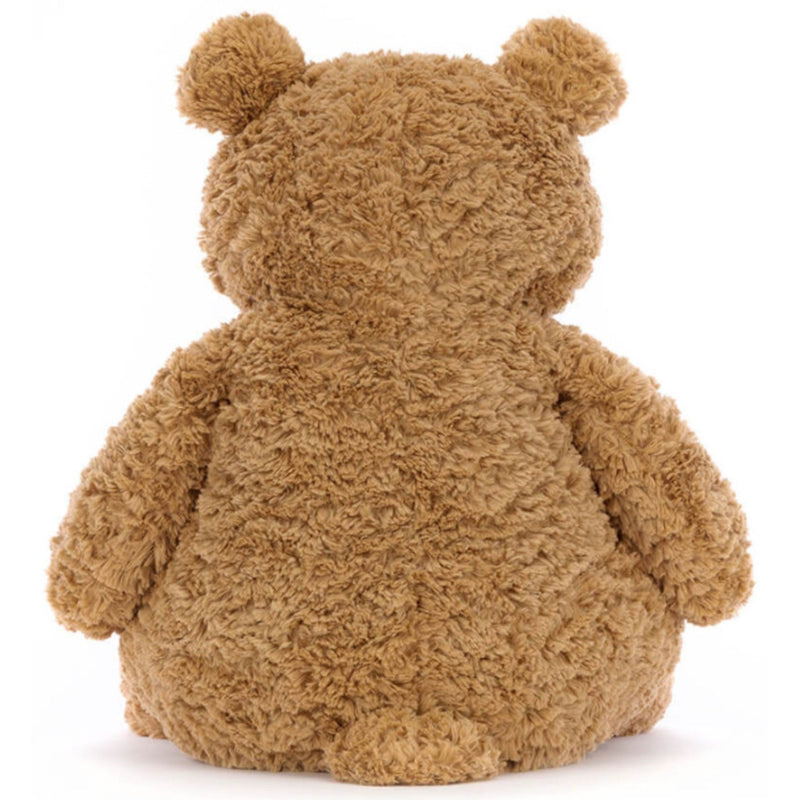 Back side of classic Teddy Bear Bartholomew from Jellycat.  Light brown color, soft plush fur on white background.