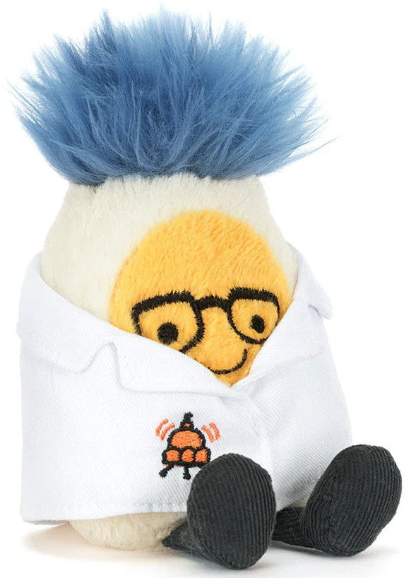 Jellycat Amuseables Boiled Egg plush toy with blue hair wearing white lab coat