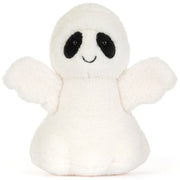 A white plush ghost toy plush with black embroidered eyes and a simple stitched smile, shown against a plain white background.