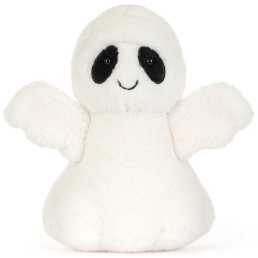 A white plush ghost toy plush with black embroidered eyes and a simple stitched smile, shown against a plain white background.