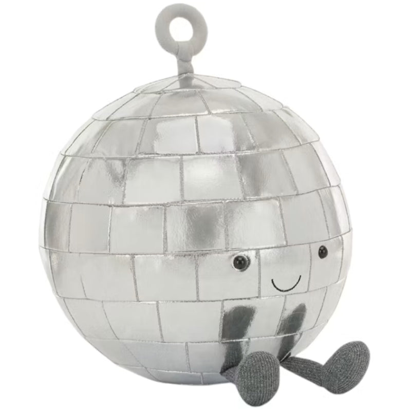 A silver disco ball plush bag charm with a smiling face, small gray feet, and a hanging loop on top, shown against a plain white background.