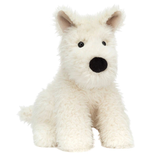 Jellycat's white plush Scottie dog named Munro on a white background.