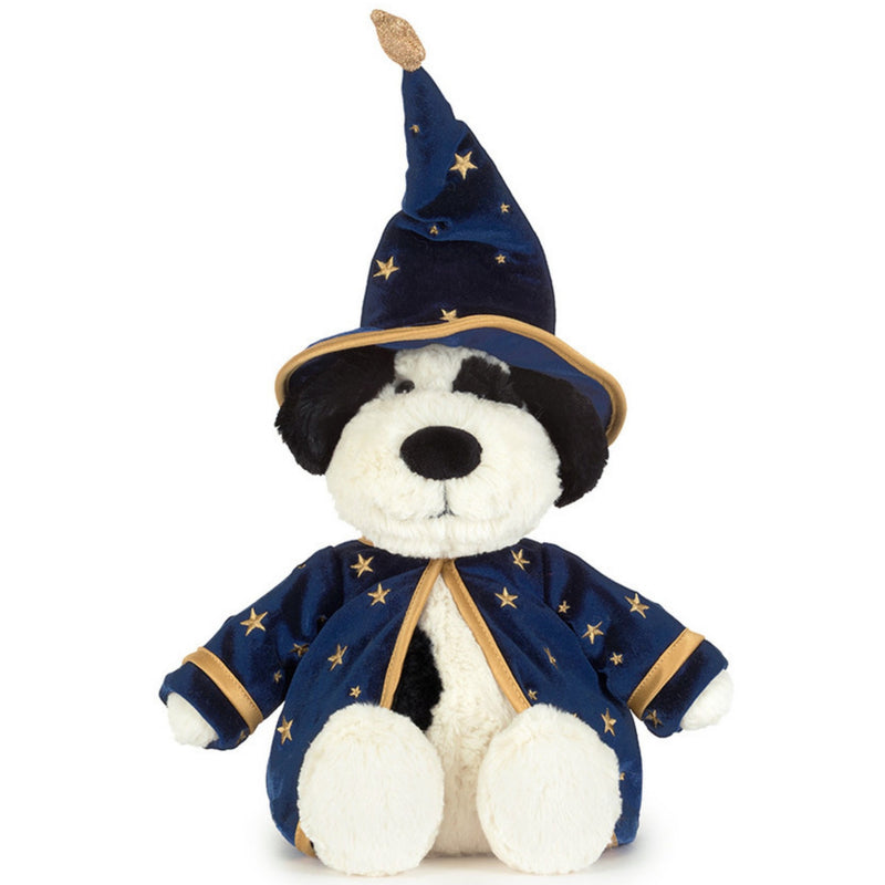 Jellycat's Rufferty dog plush dressed as a wizard, wearing a navy blue pointed hat and matching robe with gold star patterns and trim, set against a plain white background.