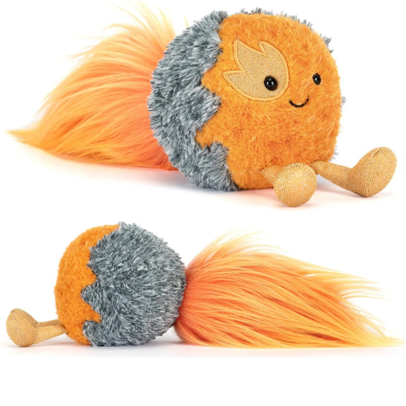 Side views of Jellycat's plush Space Comet.  Orange and gray.  Embroidered flame over left eye on white background.