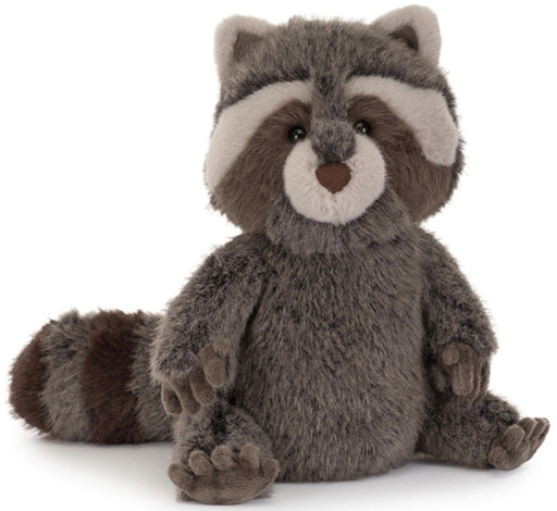 Trixiwoo Racoon is all gray fur with a white stripe through her ears and around her nose.  Her tail is striped gray and brown.  Picture is on a white background.