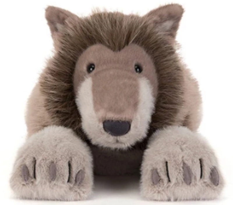 Ulrich Wolf from Jellycat is staring you down with his black eyes and gray fur.  He's got a bit of a mane around his face and is pictured on a white background.