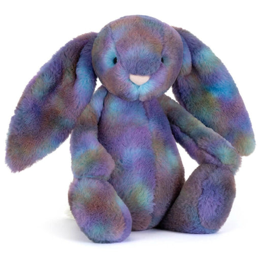 Jellycat Zodihop Luxe Bunny in rainbow tie-dye colors on white background.
