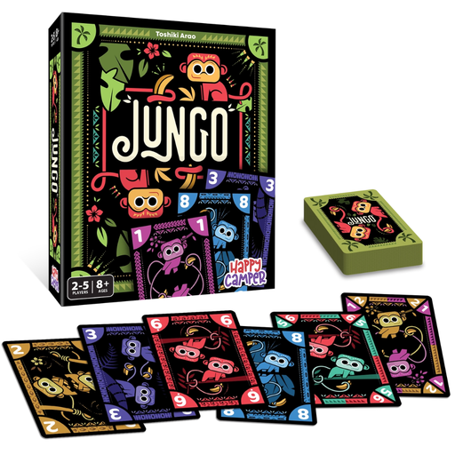 Jungo card game packaging with cards displayed on a white background.