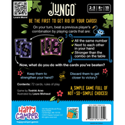 Back of game box illustrating  rules for the Jungo carad game.   