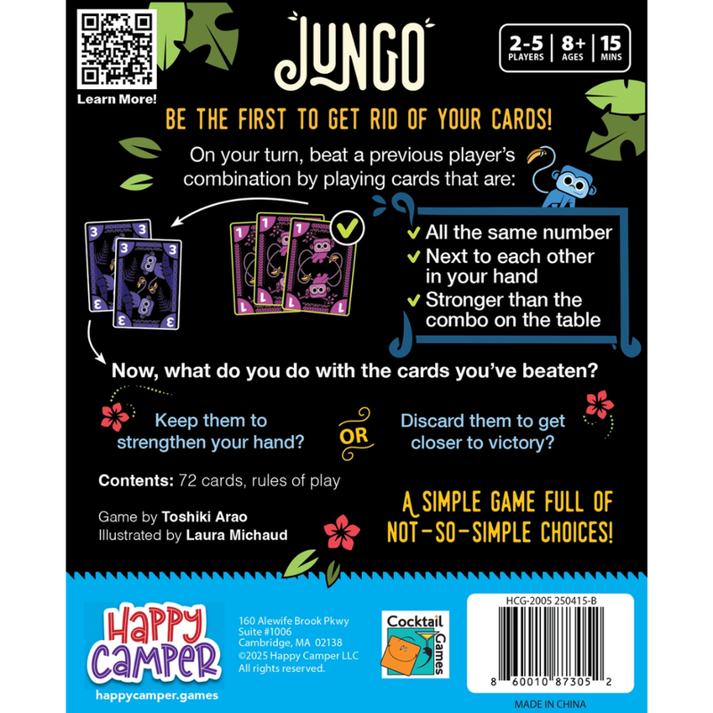 Back of game box illustrating  rules for the Jungo carad game.   