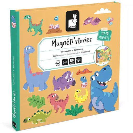 Janod Magnéti's stories dinosaur magnetic board game set, featuring a yellow-orange cover decorated with colorful cartoon dinosaurs and a green spine.