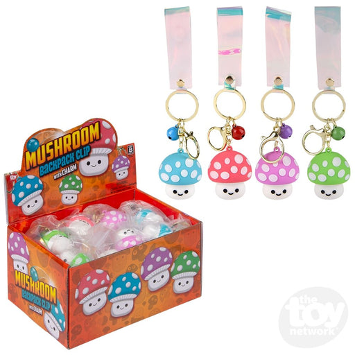 Mushroom charm backpack clips in display box with colorful wristlet keychains