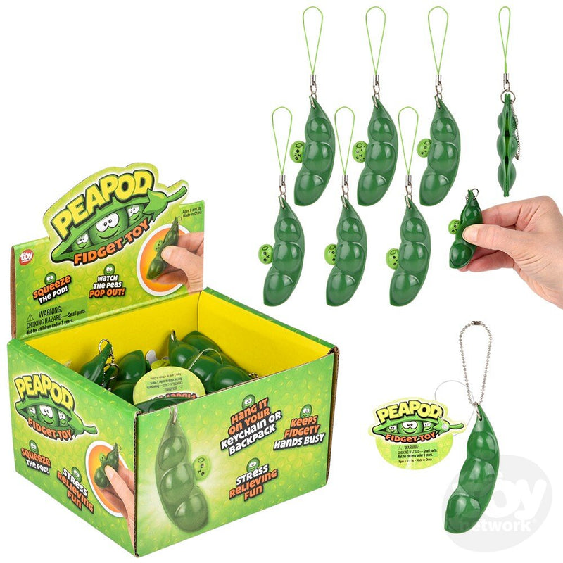 Peapod fidget toys with clip-on chains in retail packaging display