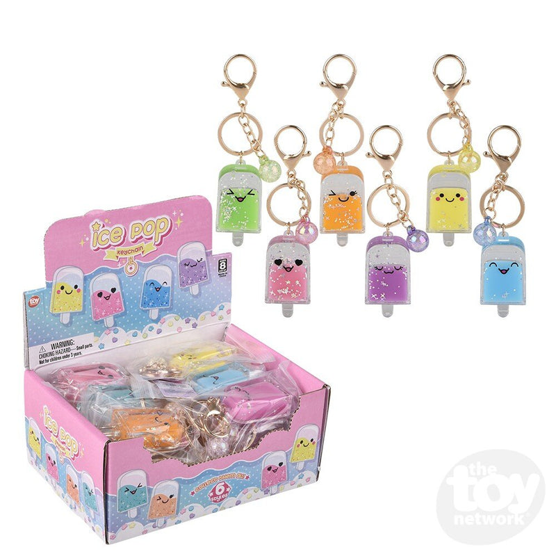 Ice Pop Glitter Clip-On keychains display box with kawaii popsicle designs in various colors
