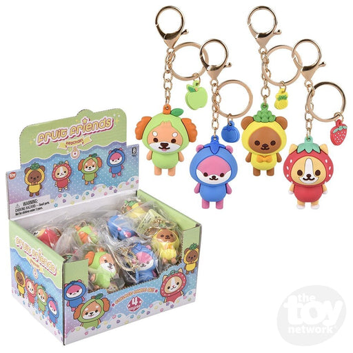 Kawaii fruit animal clip-on keychains in colorful costumes with retail packaging box