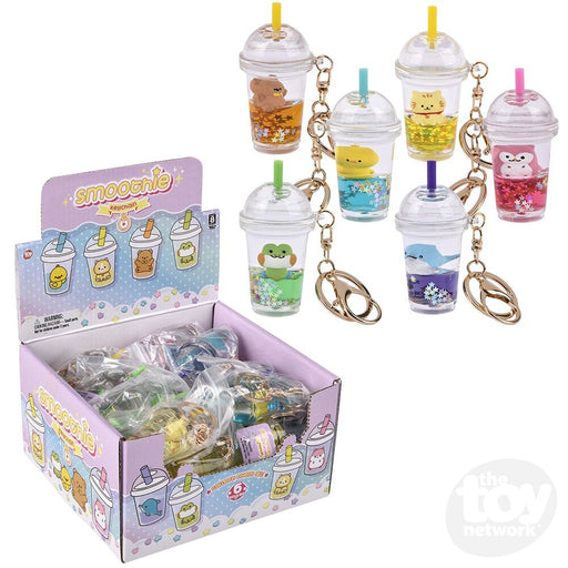 Kawaii animal smoothie liquid clip-on keychains in display box with various cute characters