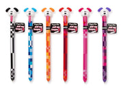 Six Snifty Tongue Tied dog-top pens in assorted pixelated colors on white background
