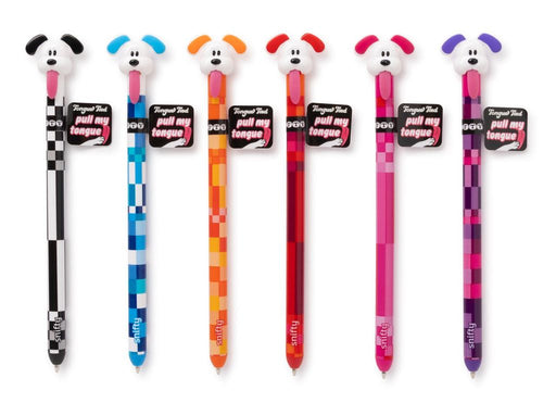 Six Snifty Tongue Tied dog-top pens in assorted pixelated colors on white background