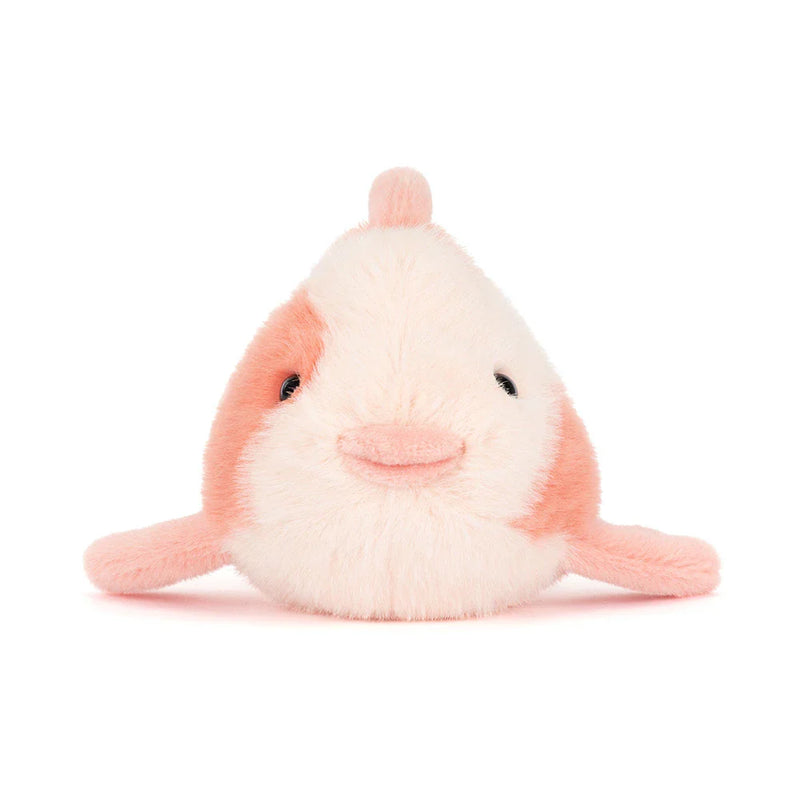 Jellycat Fancy Carp plush toy in pink and cream colors on white background