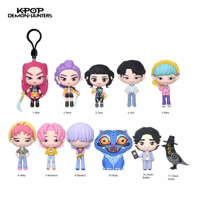 K-POP DEMON HUNTERS collectible figure set featuring 12 chibi-style character keychains and figures arranged on a white background, with names labeled below each character.