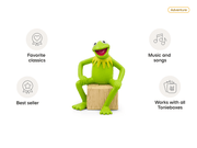 Kermit the Frog Tonie figurine sitting on wooden stump with product features highlighted