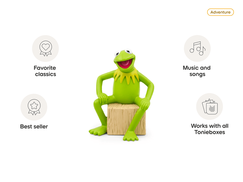 Kermit the Frog Tonie figurine sitting on wooden stump with product features highlighted