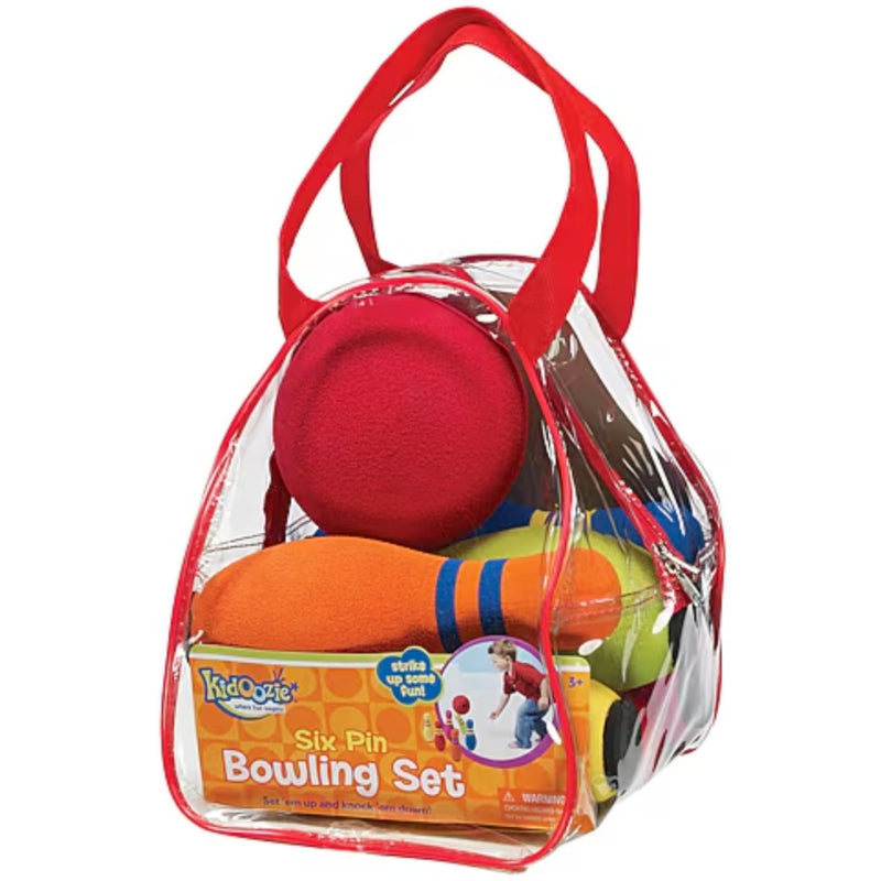 Kidoozie's 6 Pin Bowling Set in red trimmed plastic storage bag.