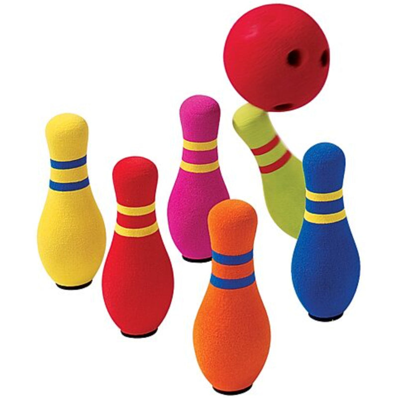 Kidoozie 6 pin bowling set showing a red ball, yellow, red, pink, green, blue and orange bowling pins on a white background.