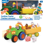 Kidoozie Funtime Tractor toy set shown in its retail box at the top and as a larger unboxed view at the bottom. The toy features a green and blue tractor with an orange front, a yellow trailer, and small animal figures including a brown horse, white cow, pink pig, white sheep, and a yellow bird.