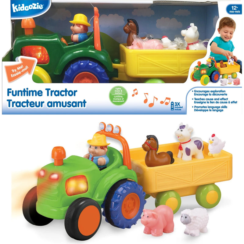 Kidoozie Funtime Tractor toy set shown in its retail box at the top and as a larger unboxed view at the bottom. The toy features a green and blue tractor with an orange front, a yellow trailer, and small animal figures including a brown horse, white cow, pink pig, white sheep, and a yellow bird.
