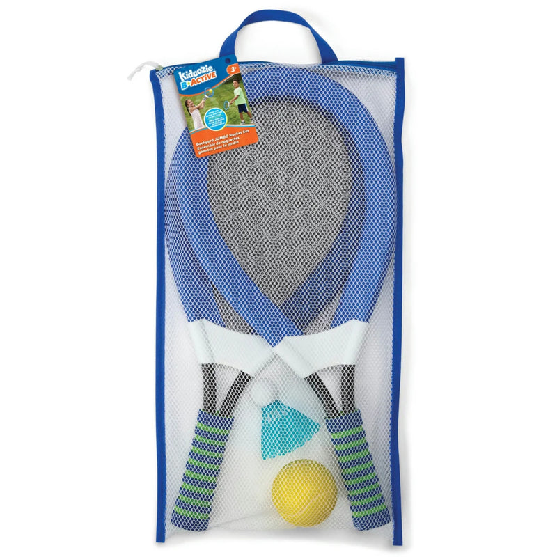 A blue and white mesh carrying bag containing a children's game with two raquets, a yellow ball, and an attached product tag.