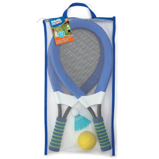 A blue and white mesh carrying bag containing a children's game with two raquets, a yellow ball, and an attached product tag.