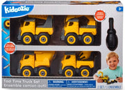 Kidoozie Toy Time Truck Set in its original retail packaging, featuring four yellow toy dump trucks, a black dump truck, and a black toy hammer. The box includes a photo of a young boy playing with the toy set.