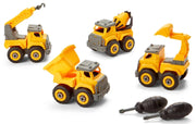 Four small yellow construction toy vehicles with gray details are arranged on a white background, including a crane, dump truck, excavator, and two black toy air pumps.