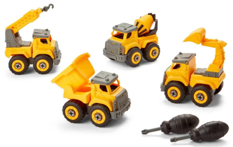 Four small yellow construction toy vehicles with gray details are arranged on a white background, including a crane, dump truck, excavator, and two black toy air pumps.