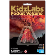 KidzLabs Pocket Volcano toy in its original retail blister packaging, featuring a red and orange lava volcano with a black smoke plume against a dramatic sunset sky.