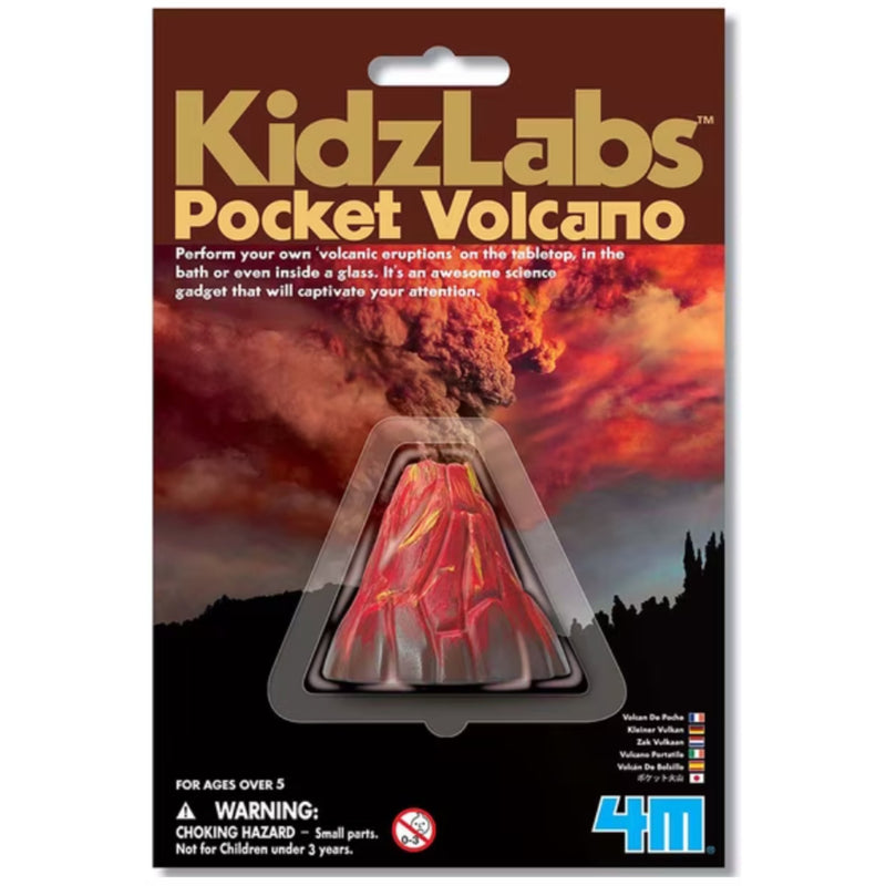 KidzLabs Pocket Volcano toy in its original retail blister packaging, featuring a red and orange lava volcano with a black smoke plume against a dramatic sunset sky.