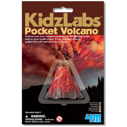 KidzLabs Pocket Volcano toy in its original retail blister packaging, featuring a red and orange lava volcano with a black smoke plume against a dramatic sunset sky.