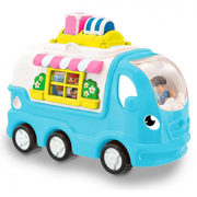 Toy ice cream truck with colorful roof and windows on a white background.