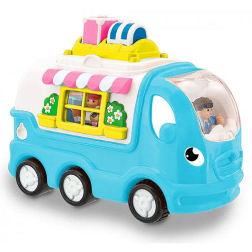 Toy ice cream truck with colorful roof and windows on a white background.