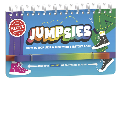 Klutz Jumpsies product packaging with colorful text and illustrations on a blue background