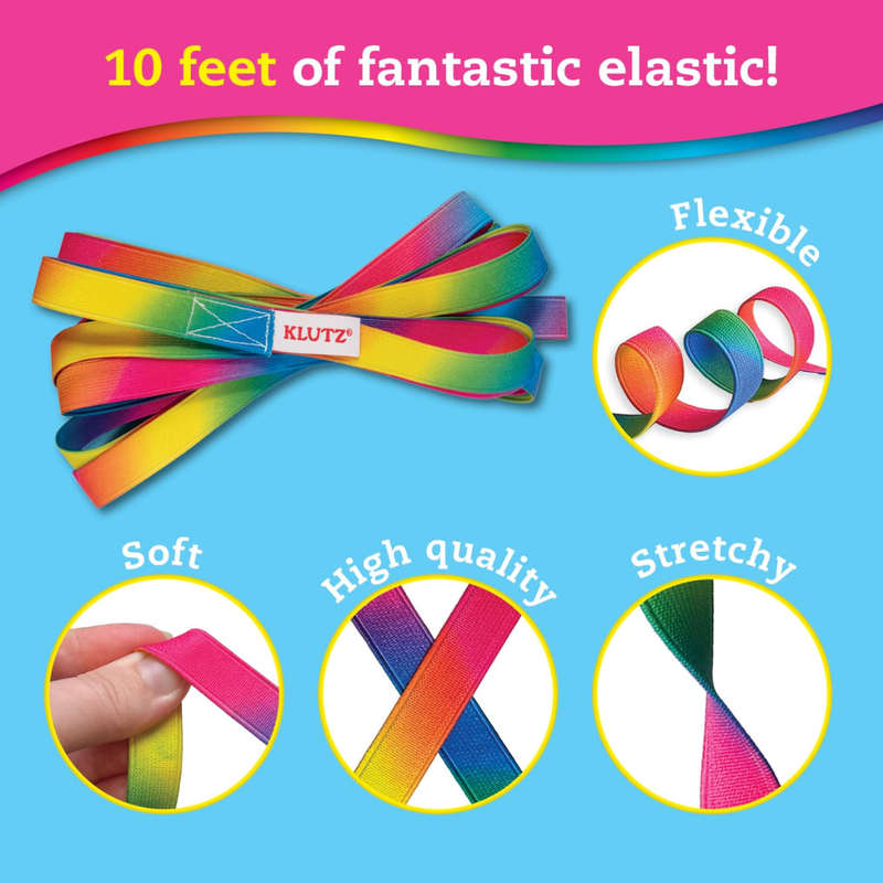 Colorful elastic bands with KLUTZ branding on a blue and pink background, highlighting features like flexibility, softness, high quality, and stretchiness.