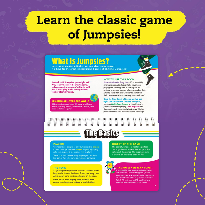 Instructional book for the game Jumpsies on a purple background with text overlay.