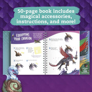 Promotional graphic for a children's dragon book showing an open spread with illustrated dragons, step-by-step instructions, and a purple banner reading '50-page book includes magical accessories, instructions, and more!' on a purple dragon-scale background.