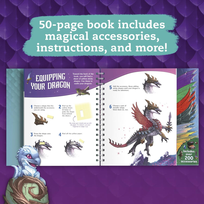 Promotional graphic for a children's dragon book showing an open spread with illustrated dragons, step-by-step instructions, and a purple banner reading '50-page book includes magical accessories, instructions, and more!' on a purple dragon-scale background.
