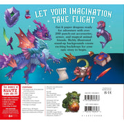 Back cover of the Klutz paper dragon activity book, featuring colorful illustrations of various paper dragons, a purple crystal ball, and descriptive text on a teal background.