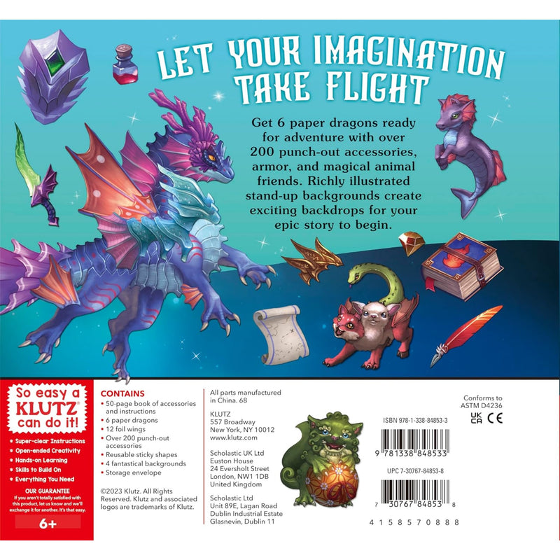 Back cover of the Klutz paper dragon activity book, featuring colorful illustrations of various paper dragons, a purple crystal ball, and descriptive text on a teal background.