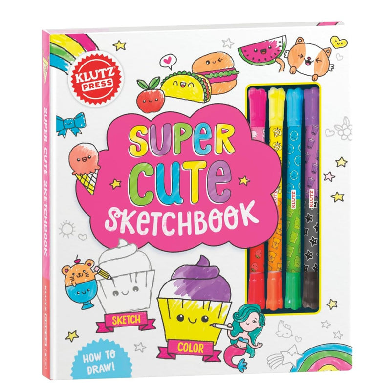 Kutz Press Super Cute Sketchbook with a set of six colorful drawing pens visible through a clear window on the front cover, shown on a plain white background.