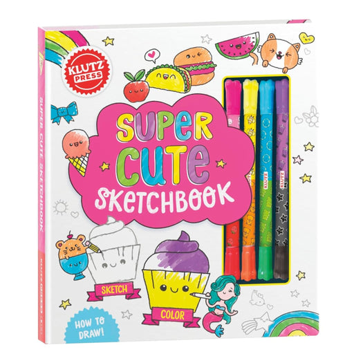 Kutz Press Super Cute Sketchbook with a set of six colorful drawing pens visible through a clear window on the front cover, shown on a plain white background.