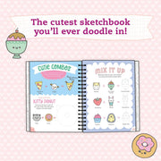 Spiral-bound sketchbook with two pages open showing doodle prompts on a pink background.
